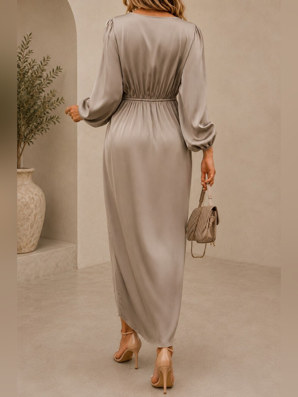 New Draped Wrap Front Lantern Long Sleeve Dress Satin Khaki Tan Neutral - Picture 5 of 9